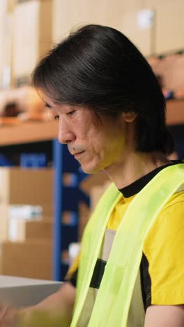 vertical video staff member scanning barcode tracking info on tags before dispatch