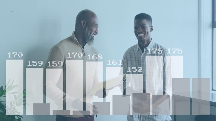 Animation of data processing over african american business people in office