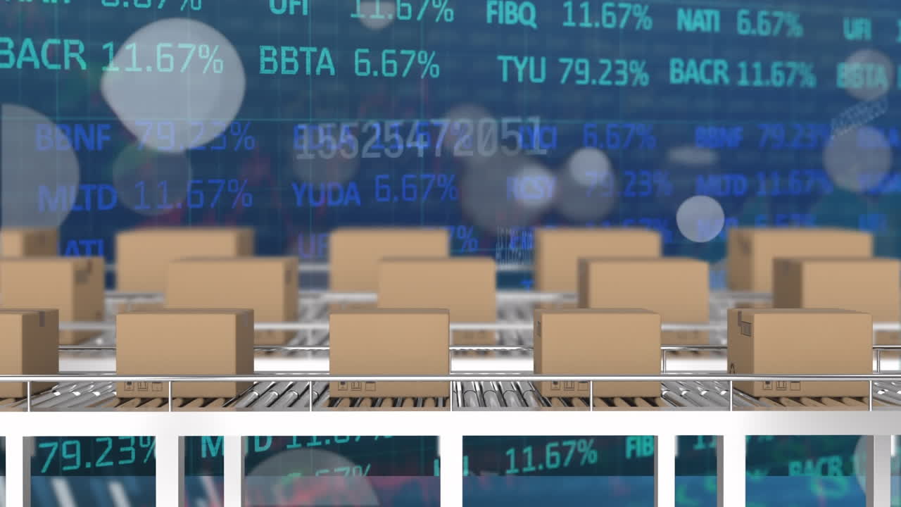 증권 시장 데이터 처리와 빛의 반점에 대항하여 컨베이어 벨트에 배달 상자의 애니메이션