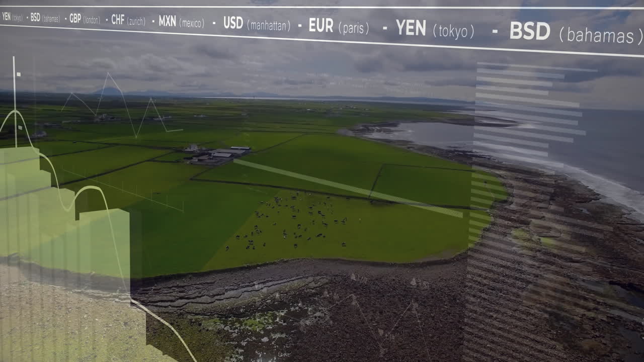 Currency exchange rates animation over aerial view of green fields and coastline