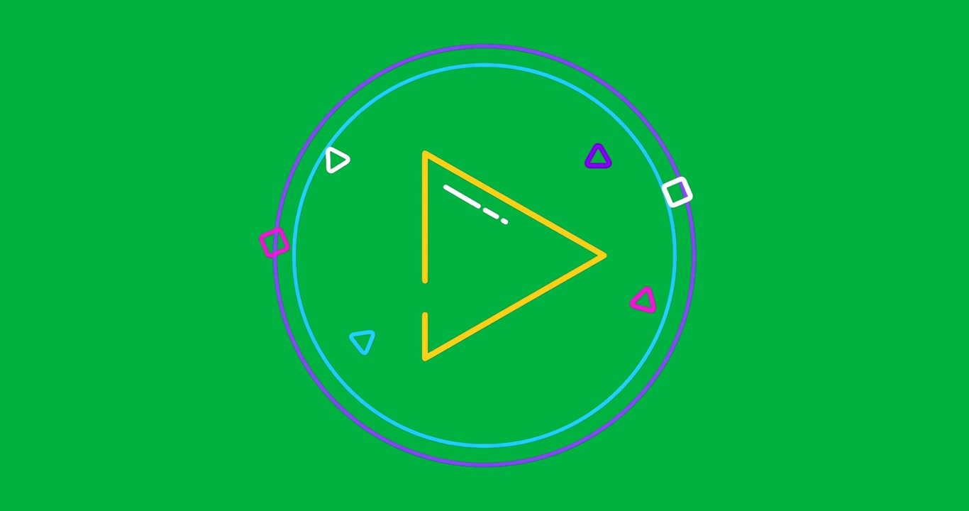 Neon play button graphic glowing on transparent backdrop showing cyan rings and shapes for tech