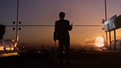 full body back view of asian businessman with rolling suitcase in boarding lounge at the airport, using smartphone, walking and looking around, airplane takes off outside the window at sunset