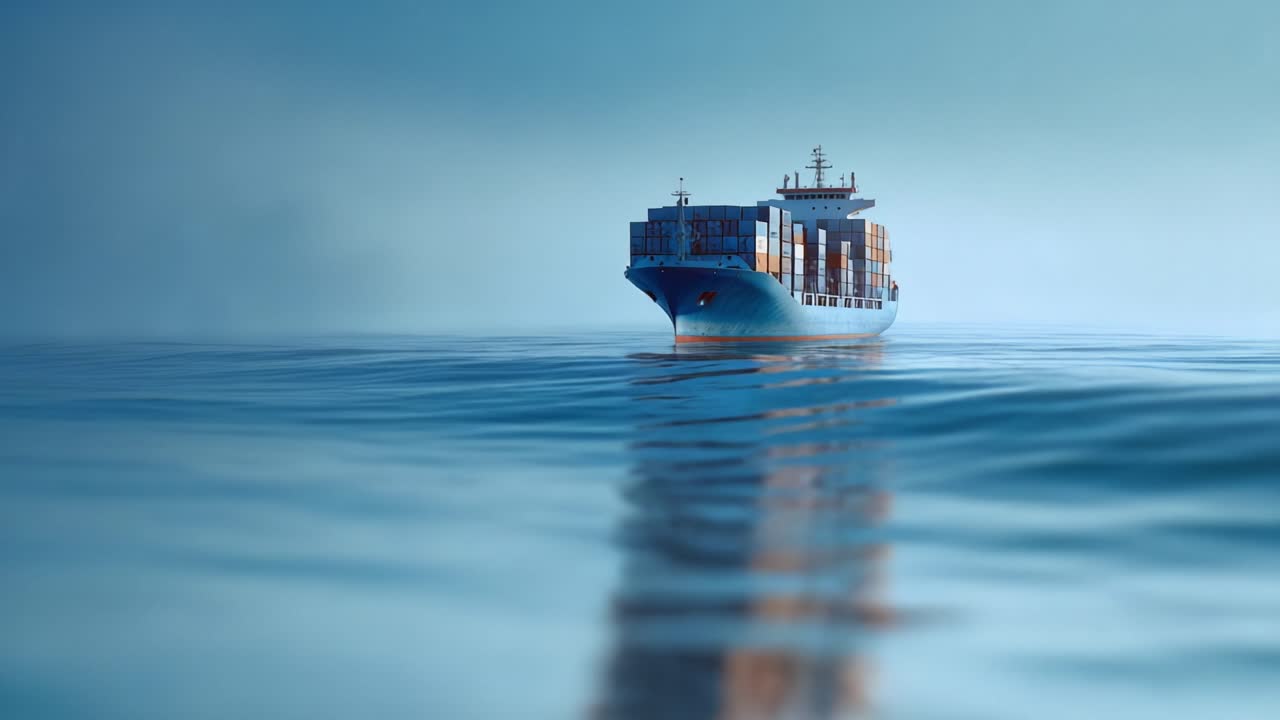 Et fragtskib, der navigerer i roligt vand under en klar blå himmel, repræsenterer global handel og maritim transport under fredfyldte havforhold