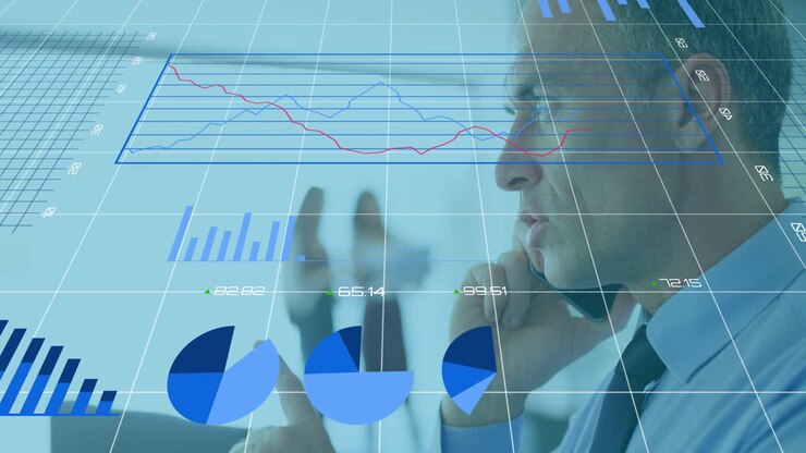 Animation of financial data processing over caucasian businessman