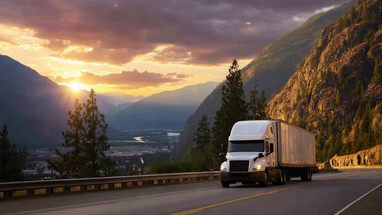 Un camion imponente percorre una strada di montagna tortuosa mentre il sole tramonta dietro le cime, proiettando una calda luce dorata sul paesaggio e creando una vista mozzafiato che cattura l'essenza del viaggio e dell'avventura