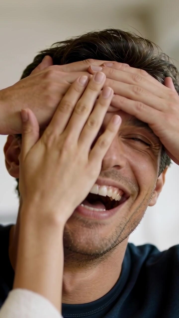 Video verticale: Uomo che ride a casa, in maglietta scura, con le mani che gli accarezzano giocosamente il viso, mostrando un anello.
