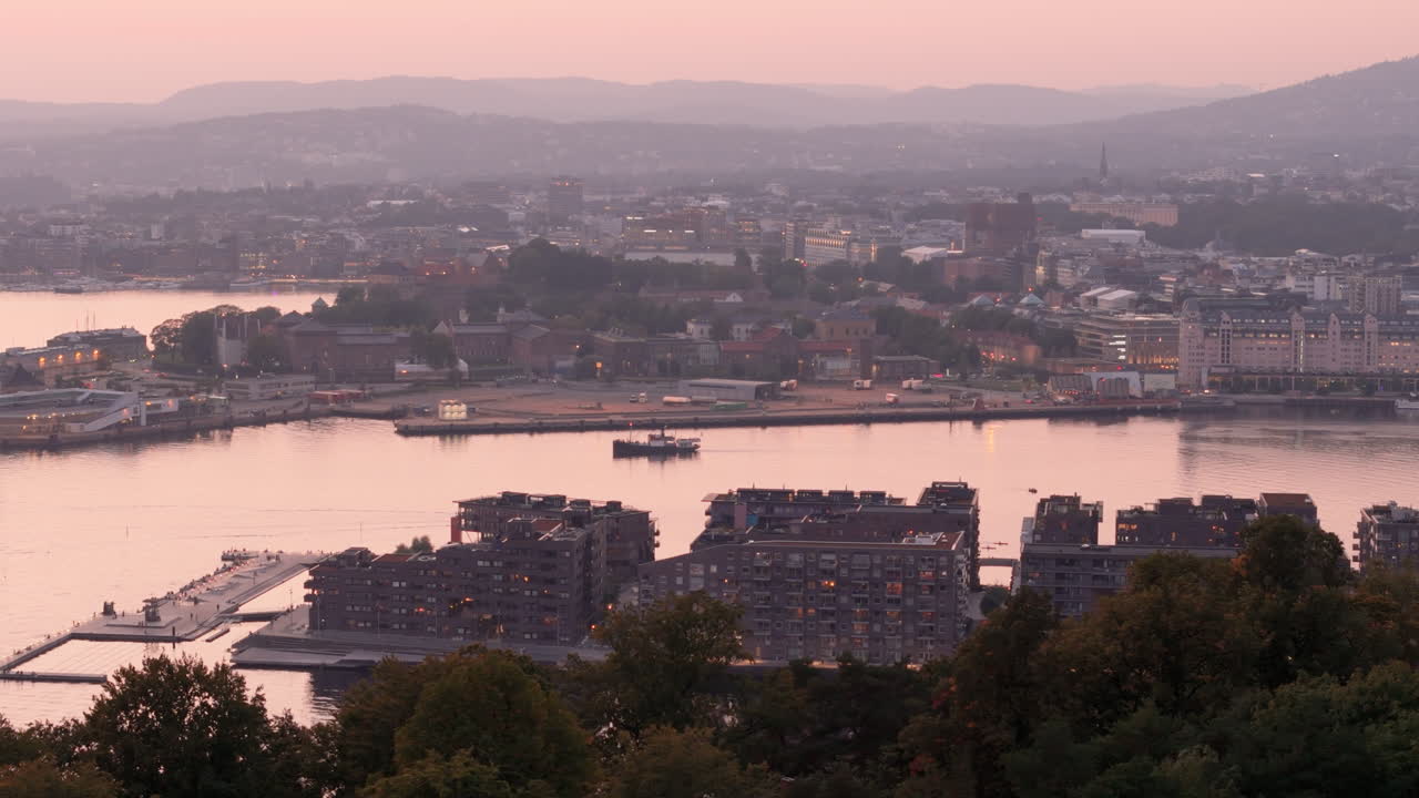 Sunset drone view from Ekebergparken of Sorengautstikkeren and old ship cruising