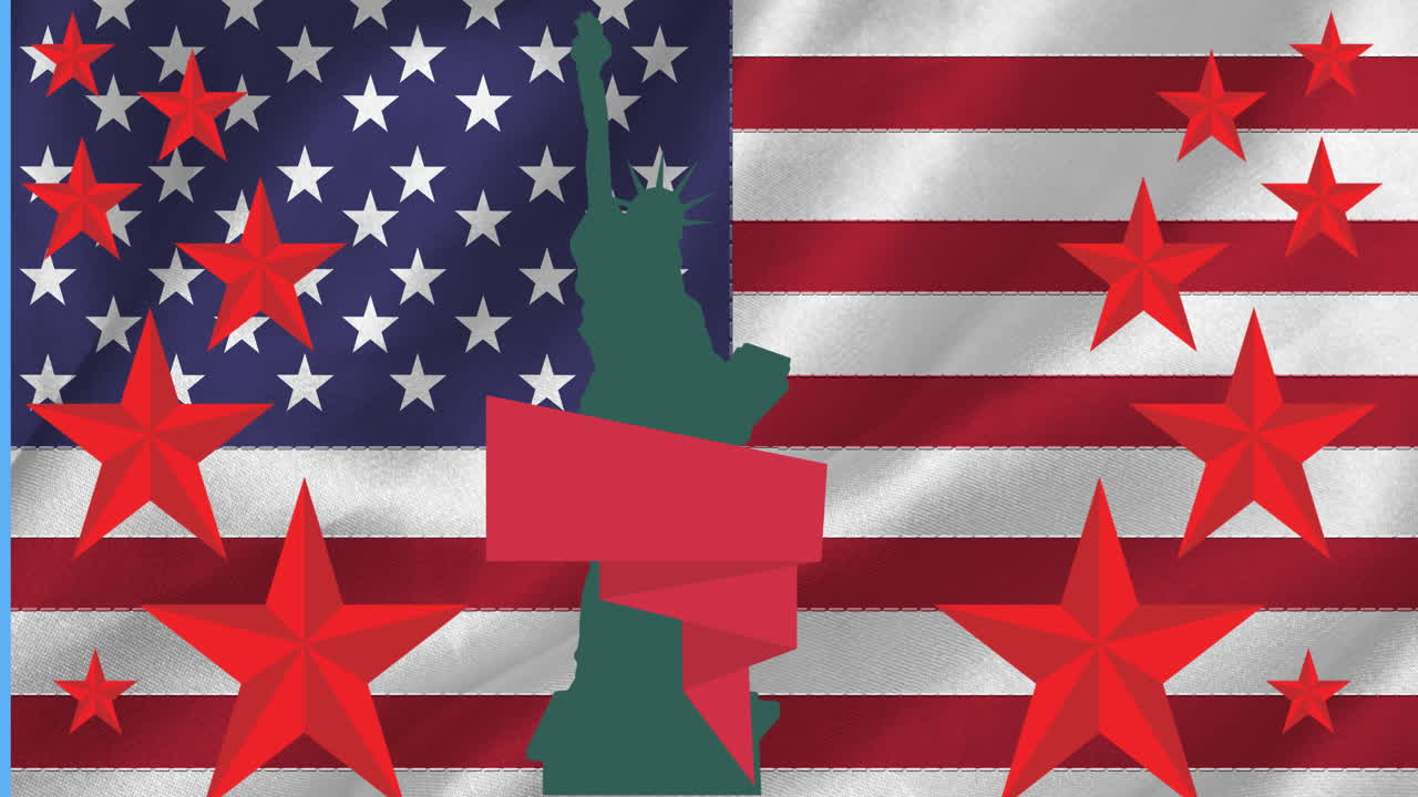 빨간 별 과 미국  ⁇ 발 위 에 복사 공간 이 있는 녹색 자유의 여신 의 애니메이션