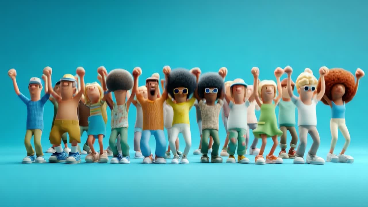 A Diverse Group of Colorful Cartoon Characters Celebrating Together with Raised Fists Against a Vibrant Blue Background, Symbolizing Unity, Joy, and Community Spirit