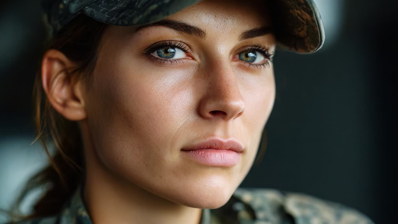 Ritratto intenso di una giovane donna in uniforme militare, che cattura l'essenza della determinazione e della forza con occhi accattivanti ed espressioni sottili in un primo piano