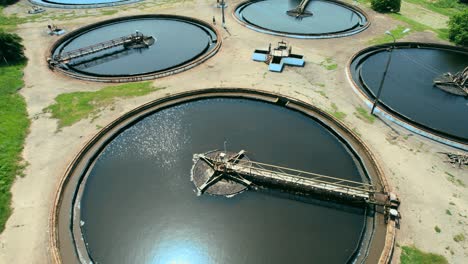 wastewater treatment plant. flight along the treatment plant. drone video. 4k stock footage.