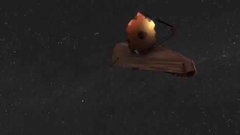 telescopio espacial james webb jwst moviéndose hacia y pasando la cámara con fondo de estrellas - animación 3d cgi 4k