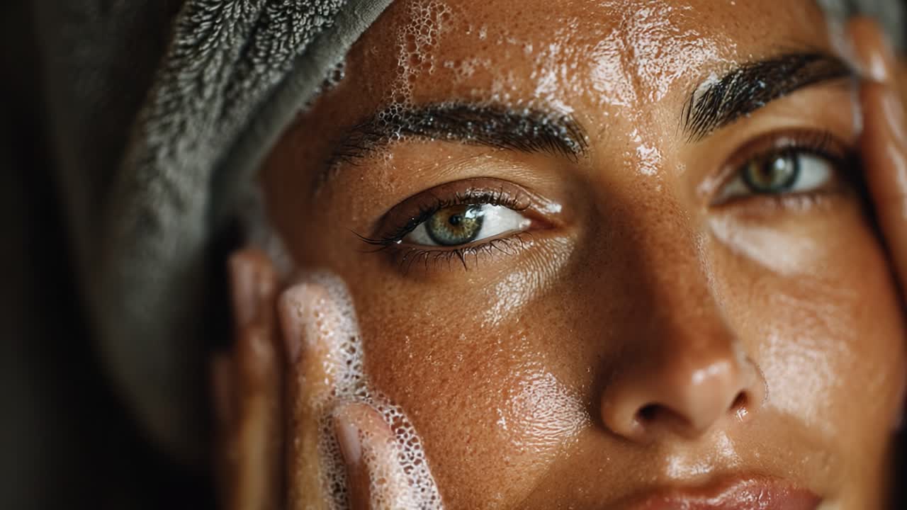 A Close-Up of a Woman Performing a Thorough Skincare Routine with Foam on Her Face, Illuminating the Beauty and Care of Healthy Skin in a Relaxing Atmosphere