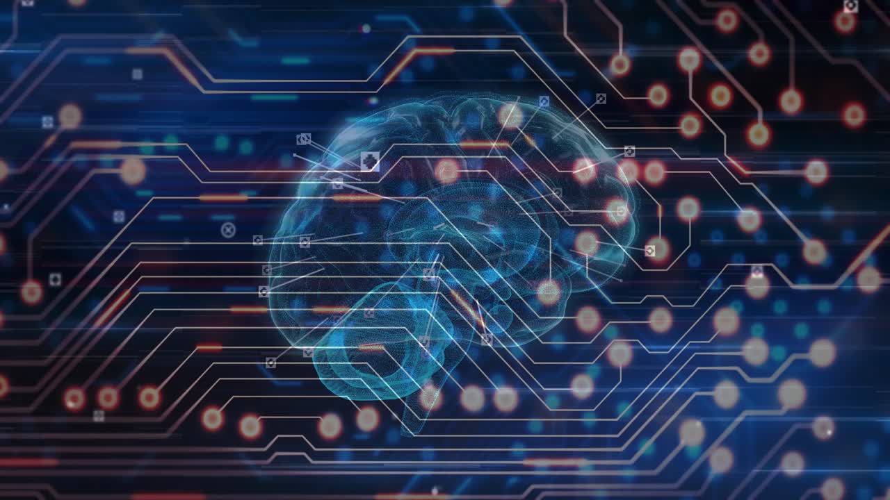 Data pulse starting, holo brain rotating while nodes lighting and traces glowing showing data flow