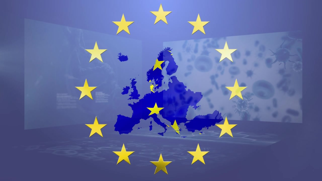 Latautuessa sininen Euroopan kartta, jossa kultatähtisormus animoituu paikalleen muodostaen ympyrän korostusta varten.