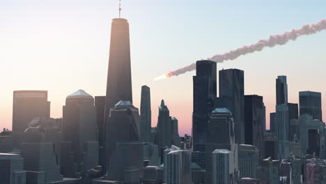 apocalyptic meteor approaching a city skyline with one world trade center