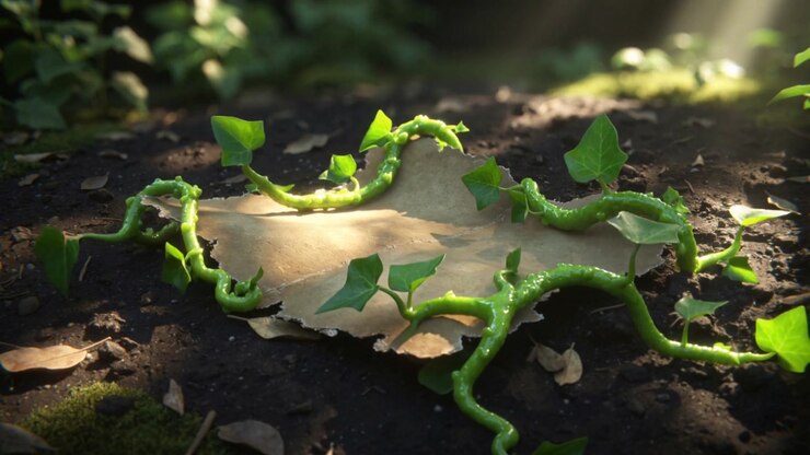 Green vines reacting to dappled light lengthening leafing climbing torn brown paper at forest soil