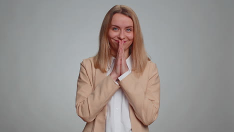 sneaky businesswoman conspiring scheming thinking tricky plan with cunning expression joke prank
