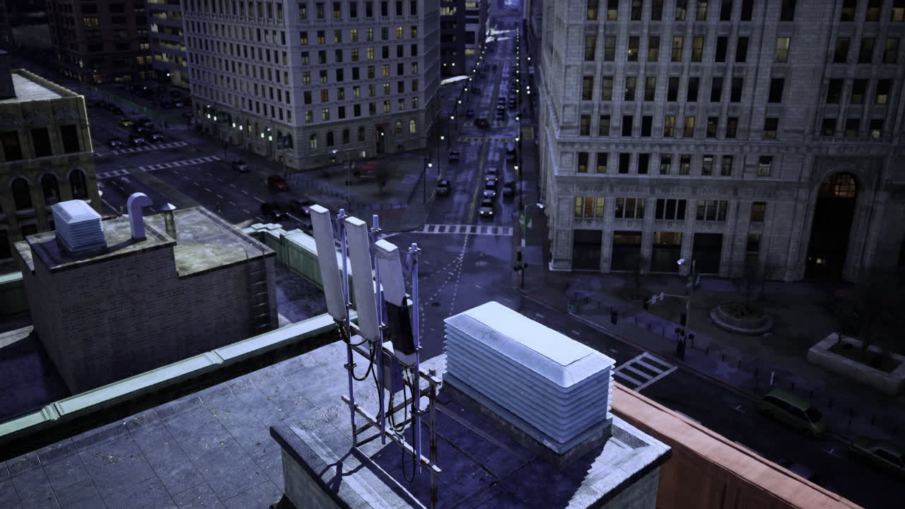 City skyline at night featuring rooftop antennas in urban setting