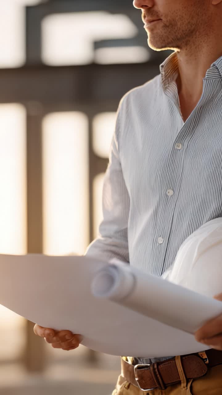 Professionista concentrato che esamina cianografie e indossa un cappello in uno spazio di lavoro luminoso e aperto, che mette in mostra la pianificazione architettonica e le conoscenze sulla costruzione