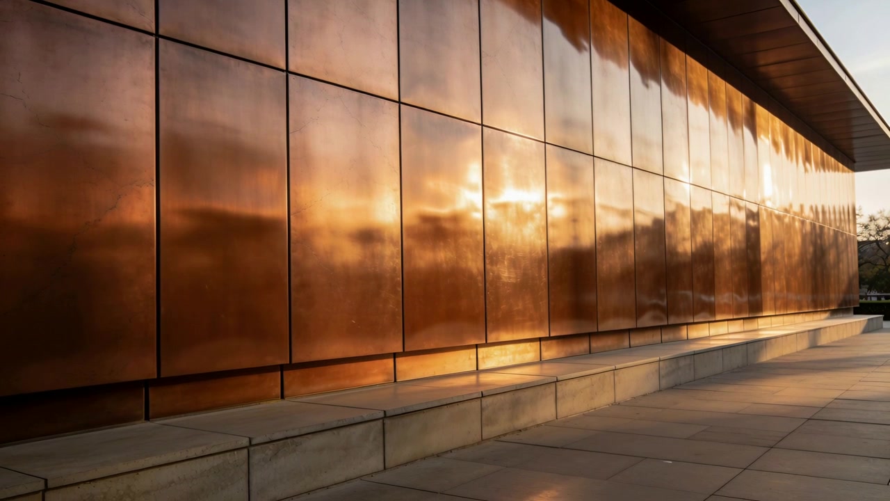 Luce solare in movimento che accende una facciata di rame lucido, creando bagliori mutevoli su una panchina della piazza e proiettando lunghe ombre.
