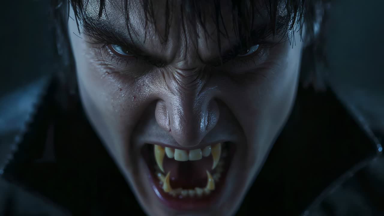 Maschio ringhiante come predatore che stringe le sopracciglia, mostra zanne finte in studio, collare, camera in movimento