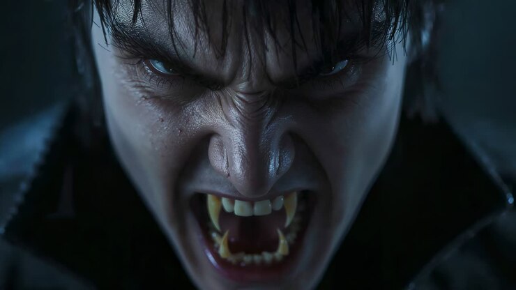Snarling male as predator tightening brow, baring prosthetic fangs in studio, collar, camera moving