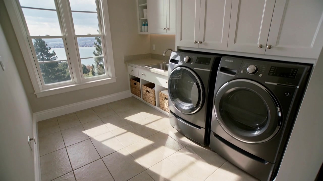 Pulling back camera revealing front-load washer and dryer in laundry room, sunlit tiles, copy space