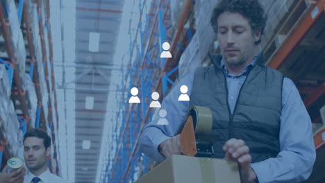 animation of media icons over caucasian male workers working in warehouse