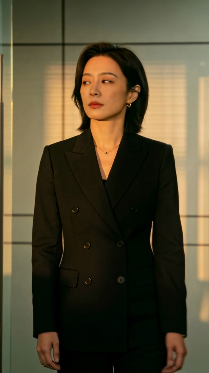 Vertical video: Reacting to sunlight through lobby blinds, woman in suit tilting head, turning gaze
