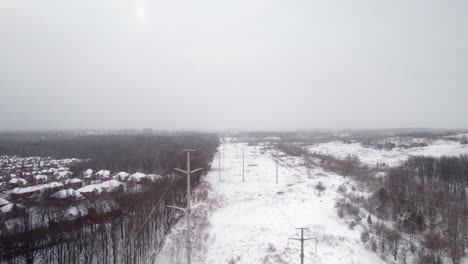 corredor hidroeléctrico de líneas eléctricas que atraviesa el paisaje invernal con casas residenciales en un sombrío día de invierno