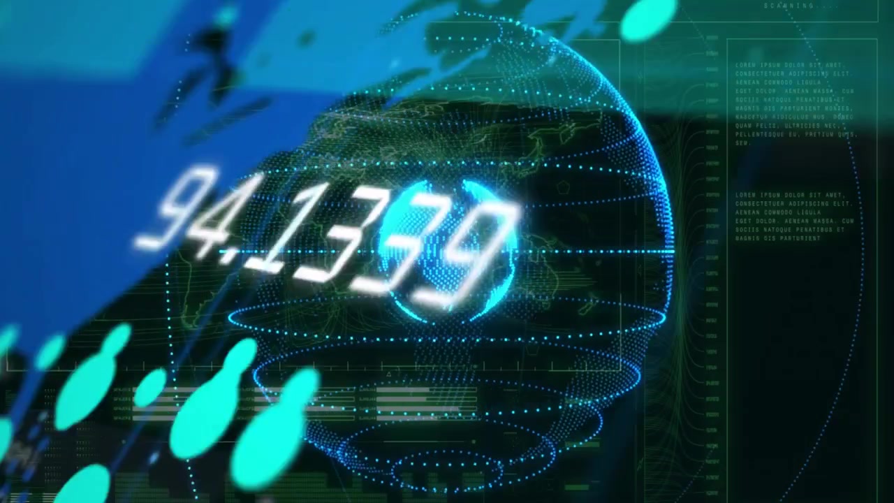 Flusso di particelle color verde acqua che si muove in diagonale, un globo punteggiato che ruota e pulsa, con statistiche che si aggiornano sull'HUD.