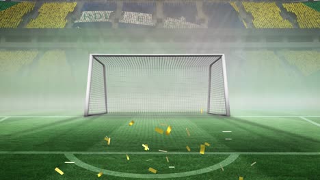 animation of gold confetti falling over flag of brazil and football goal in sports stadium