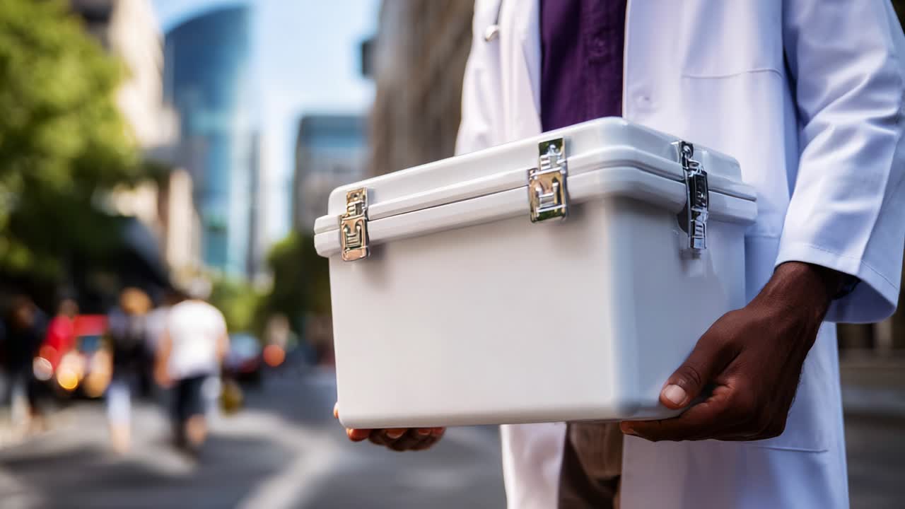 A medical professional carefully holds a white storage box in a bustling urban environment, symbolizing the importance of safety and precision in handling sensitive materials for healthcare purposes