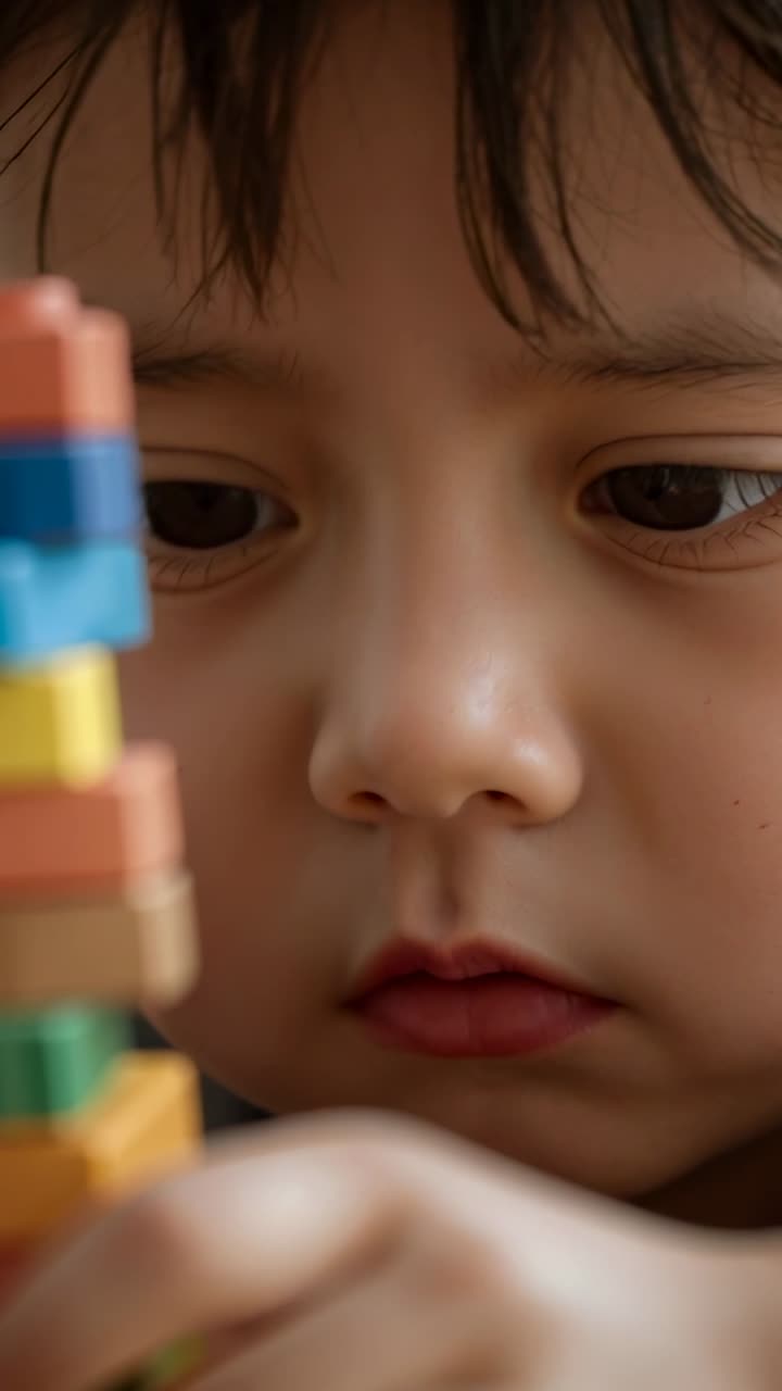 Video verticale: Bambino asiatico che impila blocchi, nota un'oscillazione e sistema il dito su una torre di blocchi sul tavolo di casa