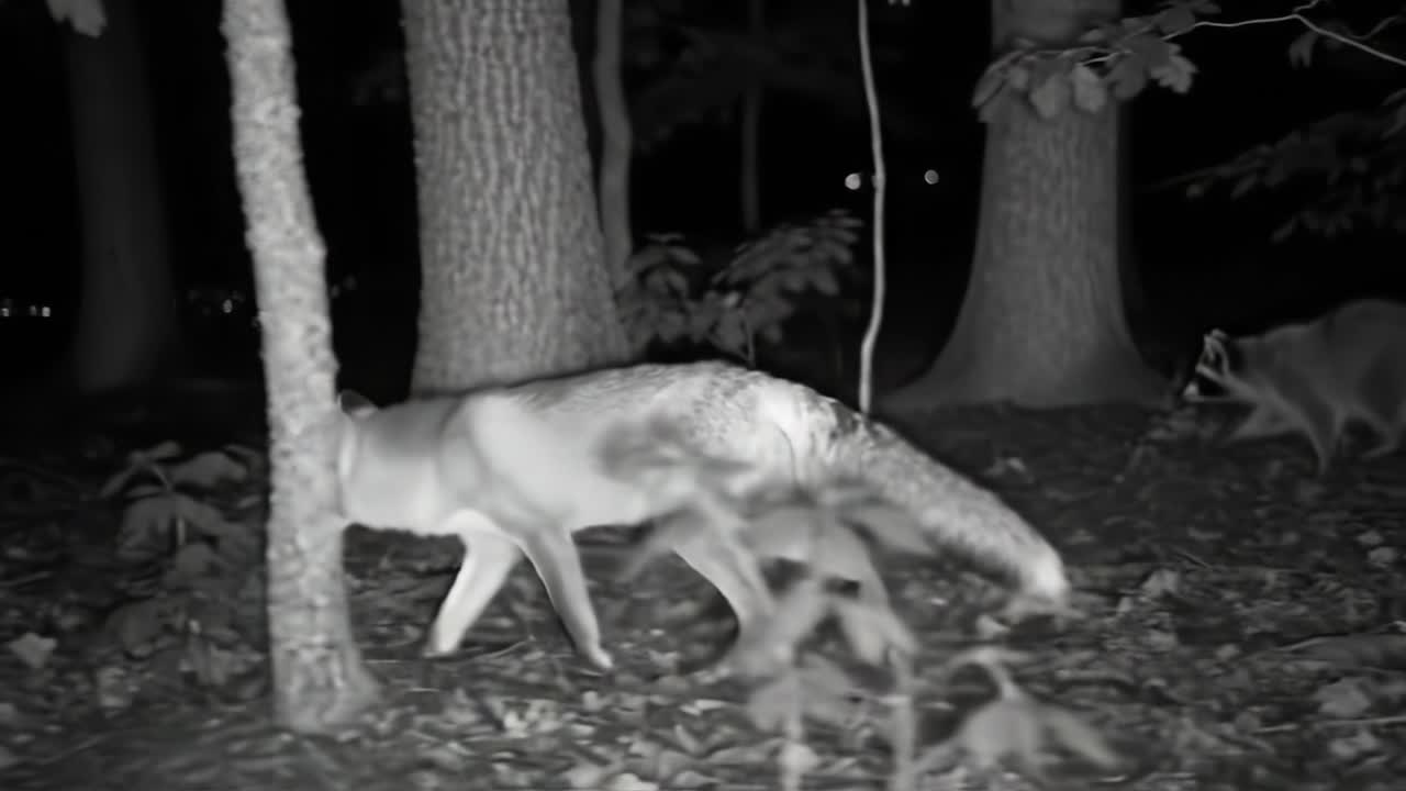 A nocturnal fox prowls through a dimly lit forest, showcasing the beauty of wildlife at night, capturing the essence of nature's mystery in its silent movements