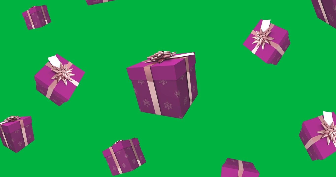 Digital animation of multiple purple christmas gift box icons falling against black background