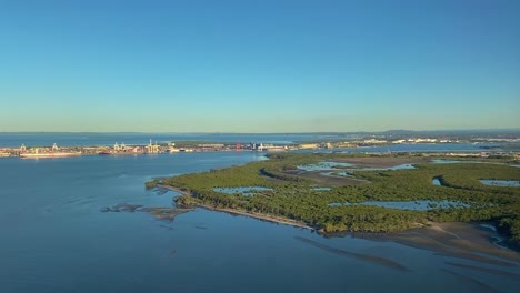 low aerial shot over mangroves and marshlands with port infrastructure, waterways and coastal pools, with a view to the horizon under a brilliant blue sky