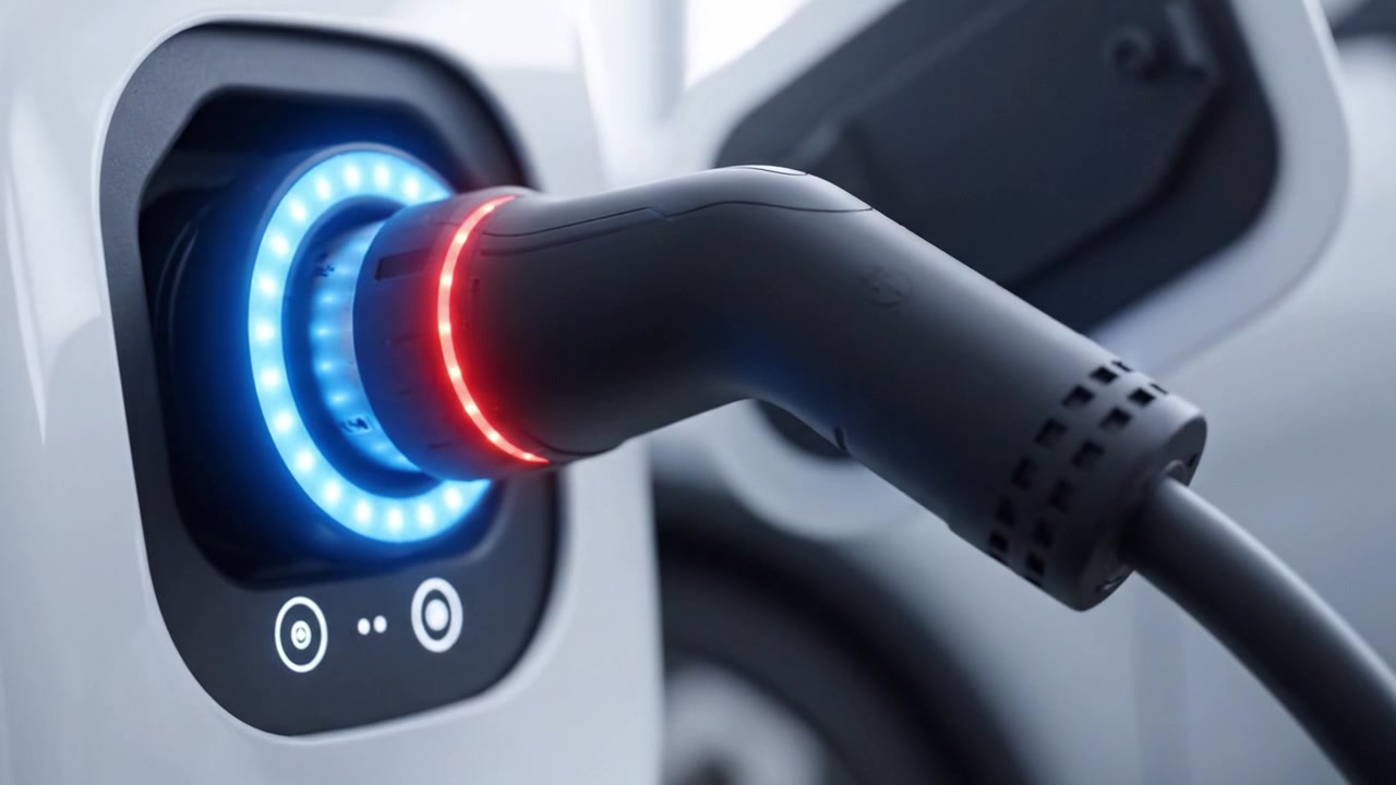 Ładowanie pojazdu elektrycznego: Zbliżenie złącza wpiętego do portu, prezentujące niebieskie i czerwone wskaźniki LED podczas procesu transferu energii.