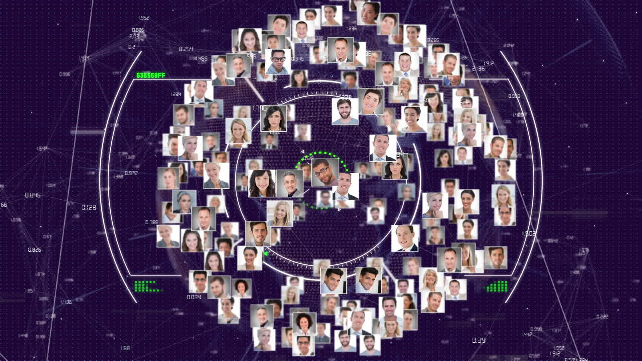 데이터 처리 및 범위 스캐닝의 애니메이션 전 세계 및 다양한 비즈니스 사람 아이콘