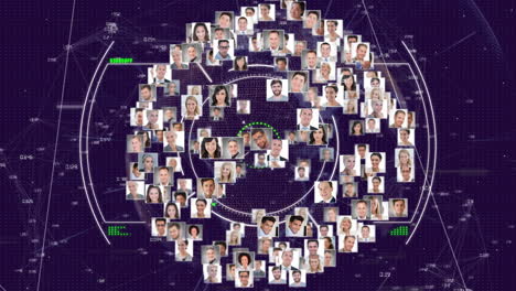 animación del procesamiento de datos y escaneo de alcance en todo el mundo y diversos iconos de personas de negocios.
