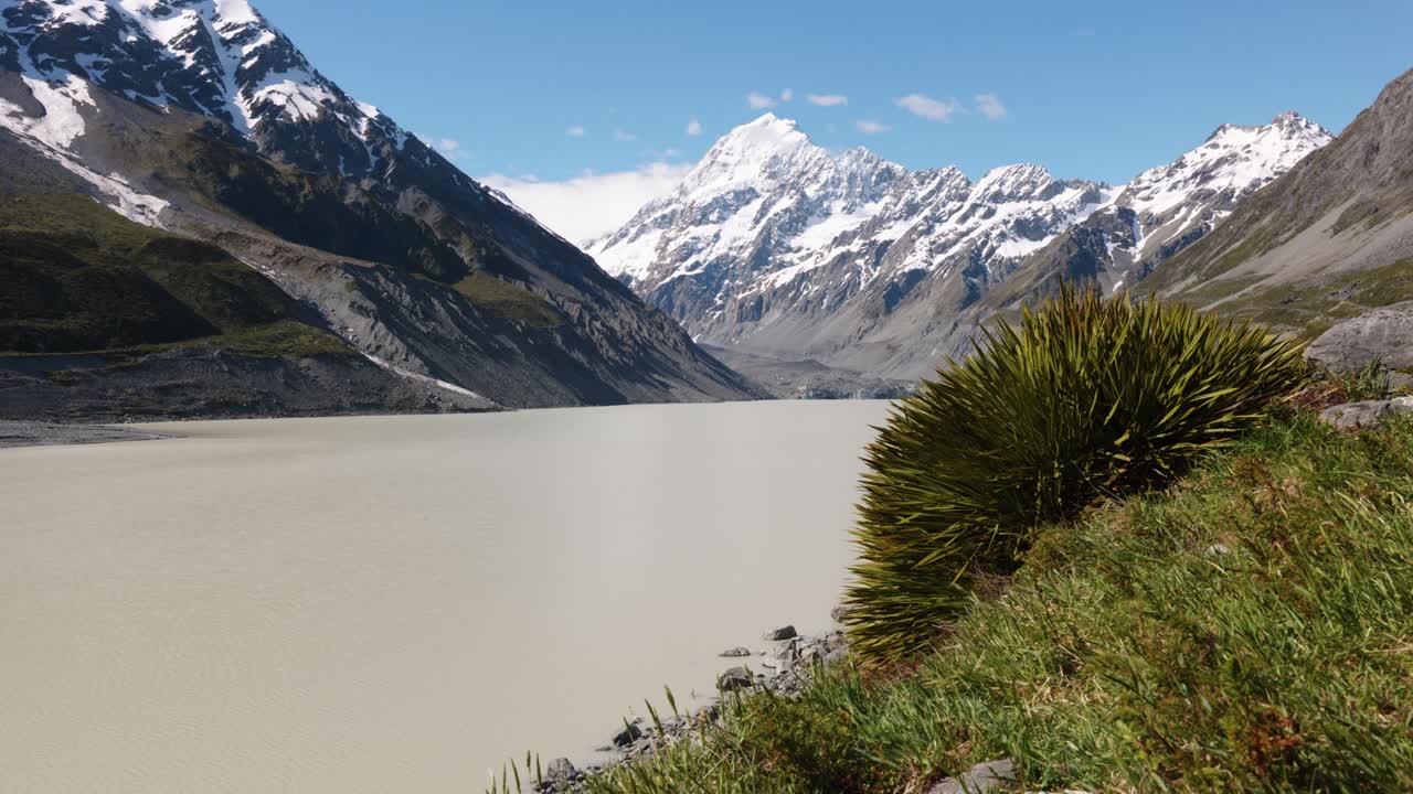 View of Hooker Lake with Mount Cook's snowy on a clear sunny summer day in Mount Cook National Park, New Zealand.