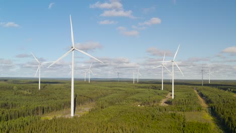 wind turbine farm panning shot, drone view of a wind energy generation installation offshore during a sunny day