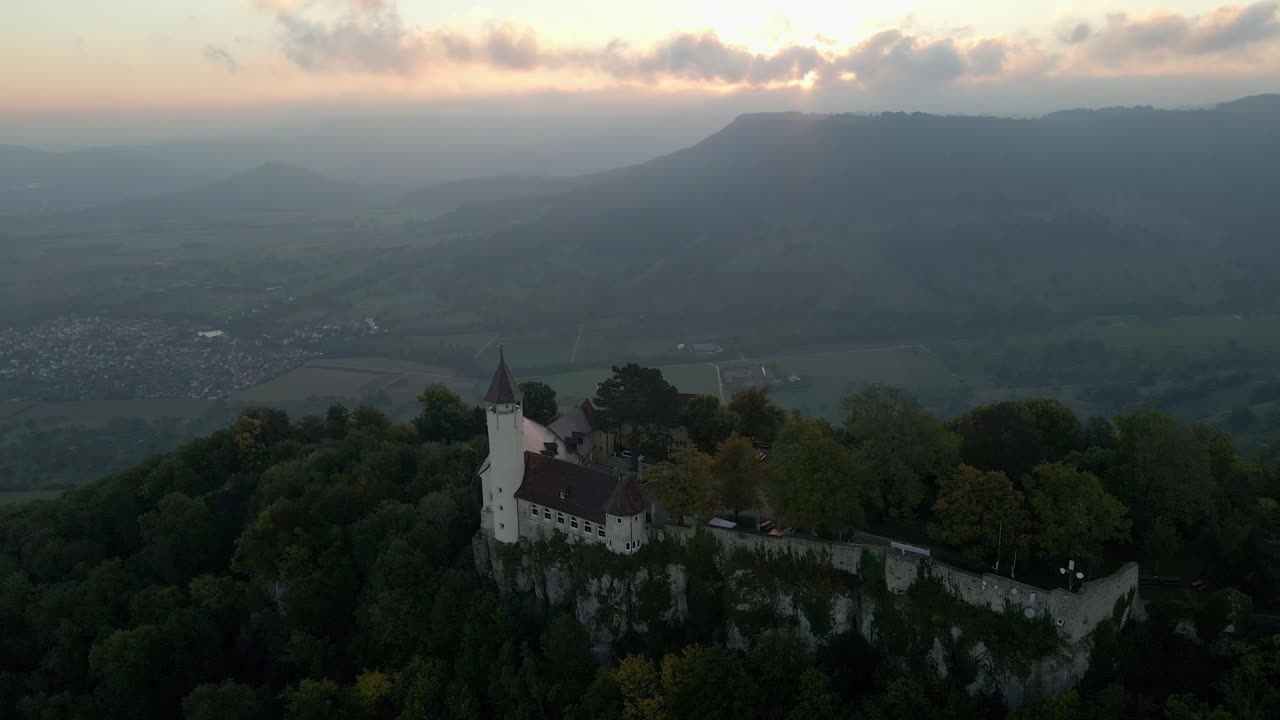 Burg Teck castle rising above dense woods, Baden-Wurttemberg, Germany