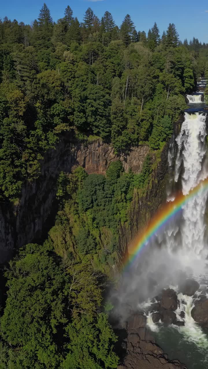 Aerial video captures a stunning waterfall cascading through lush forest, with a vibrant rainbow