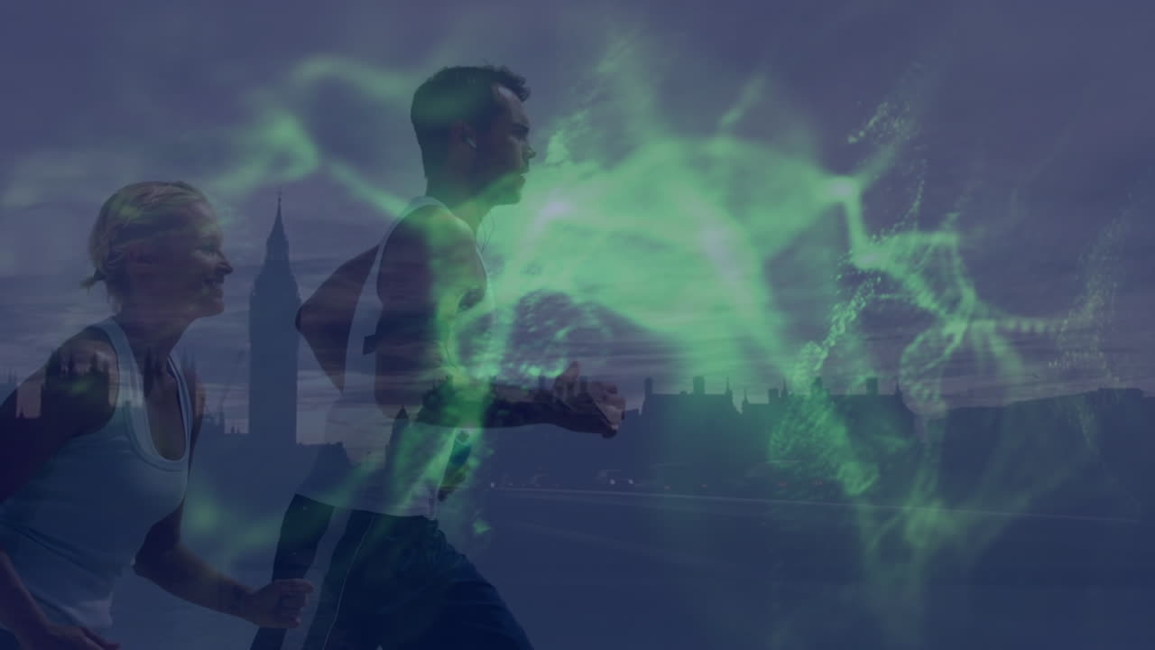 animación de olas verdes sobre mujer caucásica y hombre corriendo sobre el paisaje urbano