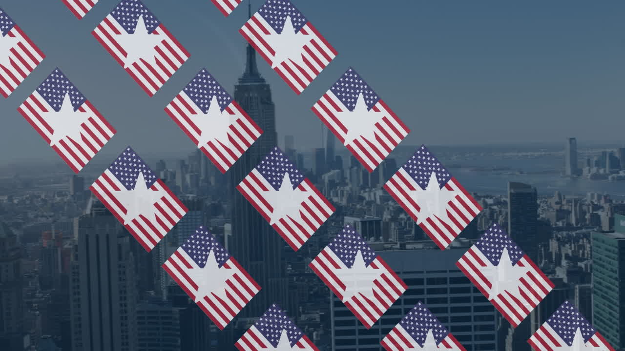 도시 풍경 위 에 있는 미국 의 별 과  ⁇ 발 의 애니메이션