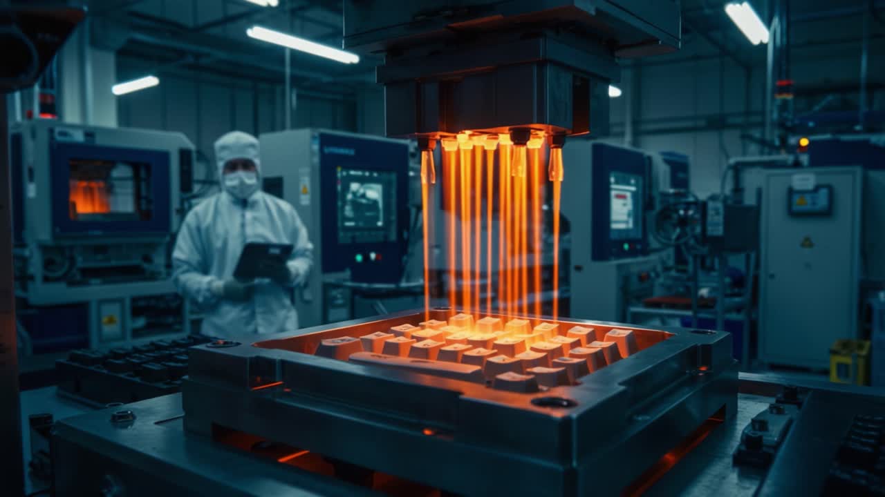 High-Precision Manufacturing: Melting Process in a Cleanroom Environment with Advanced Machinery and Safety Protocols in Action