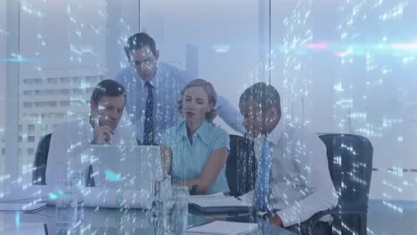 multiple screens with mosaic squares against diverse businesspeople using laptop at office