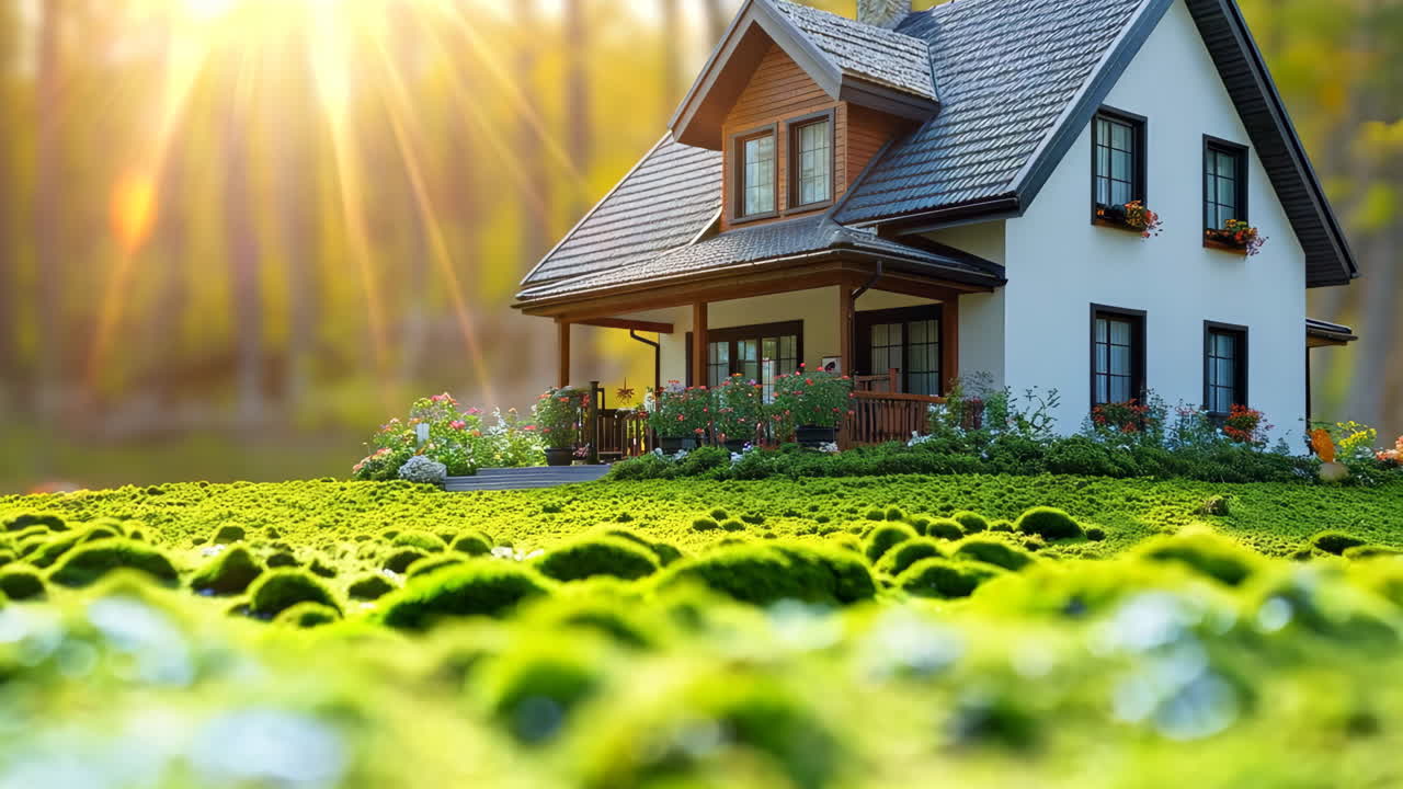A small house with a green lawn and a white roof. The house is surrounded by a field of green plants